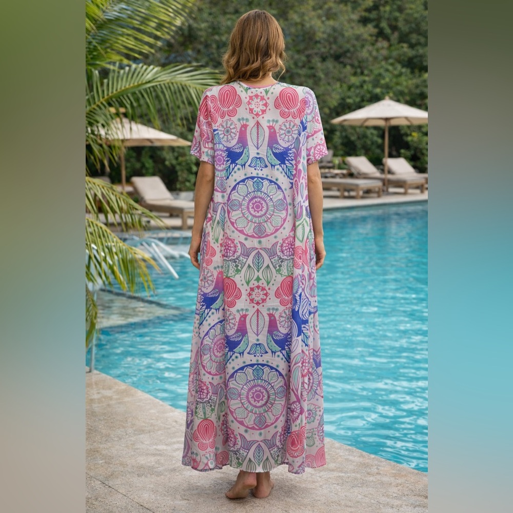 Judith March Peacock Print Maxi Kimono Swim Cover-Up